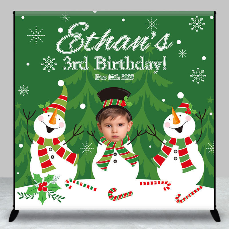 Aperturee - Aperturee Green Tree Snowman Custom Name 3rd Birthday Backdrop