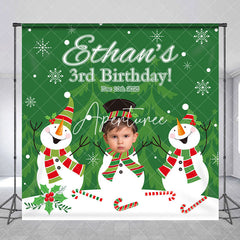 Aperturee - Aperturee Green Tree Snowman Custom Name 3rd Birthday Backdrop