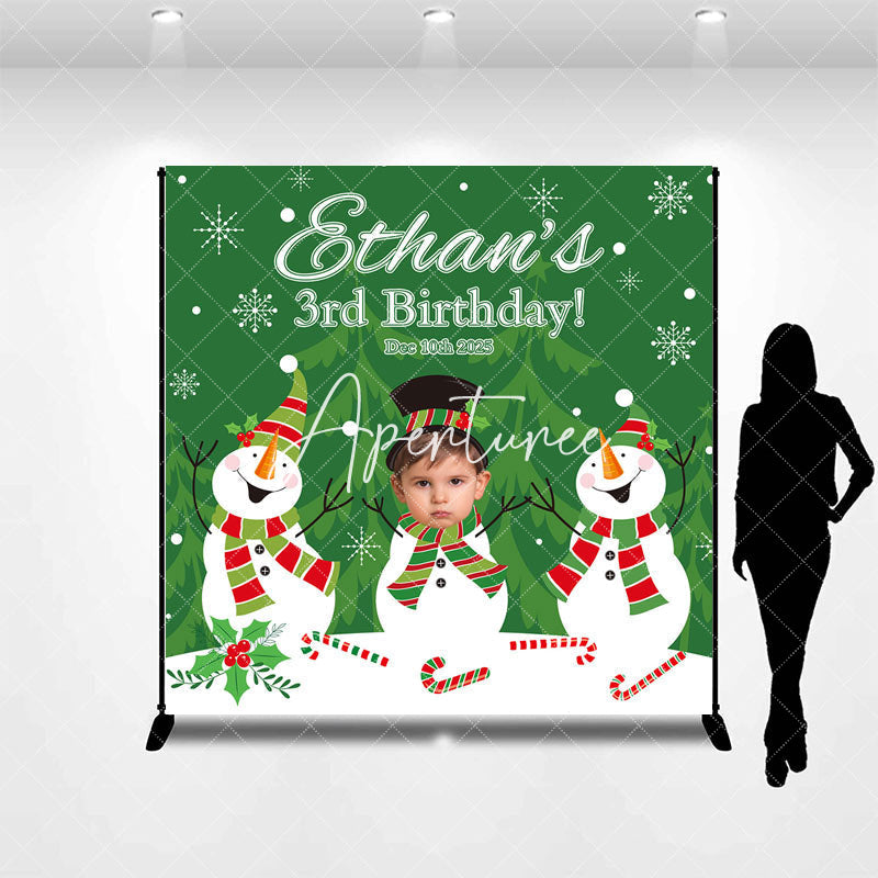 Aperturee - Aperturee Green Tree Snowman Custom Name 3rd Birthday Backdrop