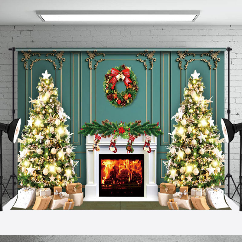 Aperturee - Aperturee Green Trees Wreath Fireplace Christmas Vibe Backdrop