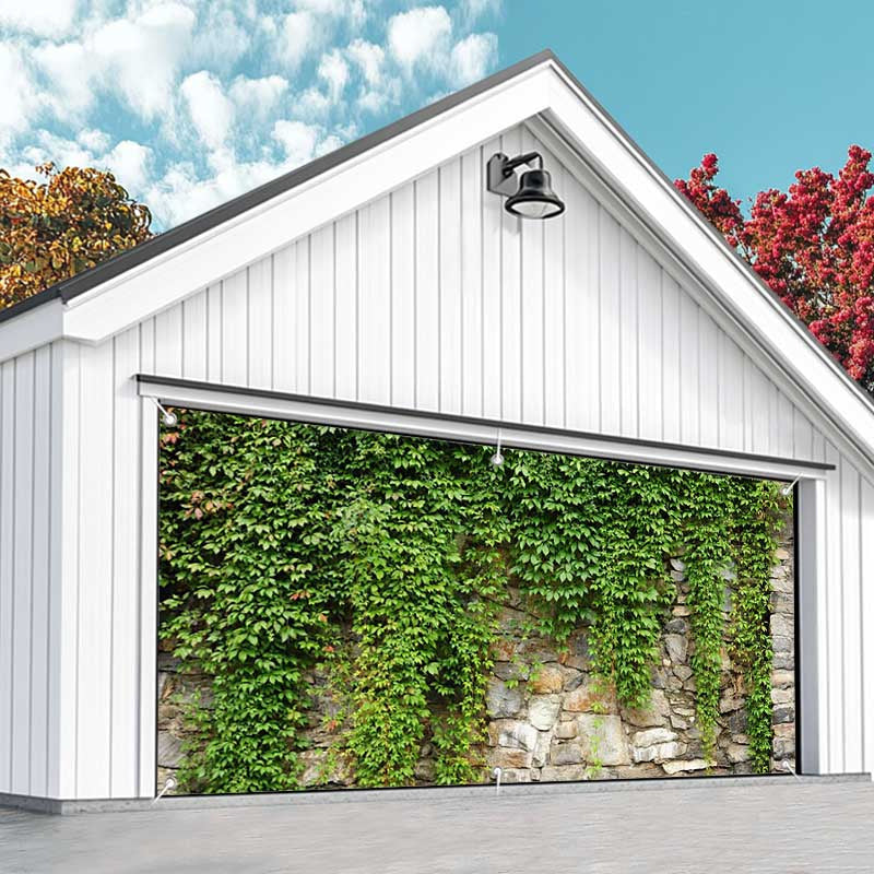 Aperturee - Aperturee Green Vine Leaves Stone Wall Garage Door Banner