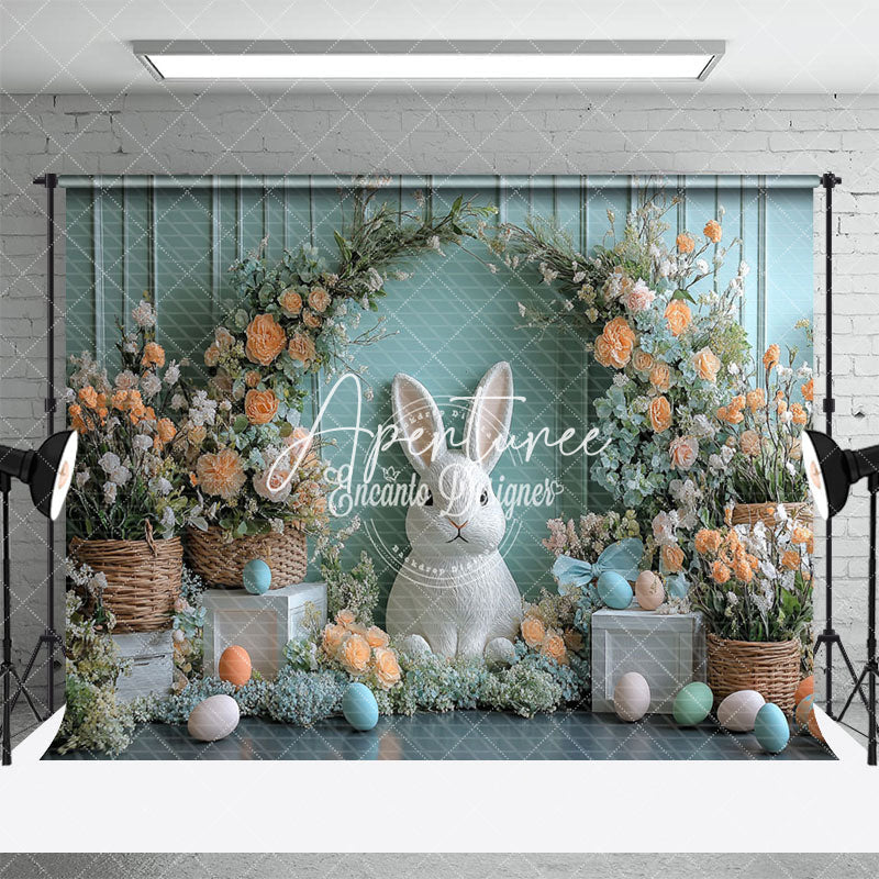 Aperturee - Aperturee Green Wall Bloom Floral Bunny Eggs Easter Backdrop