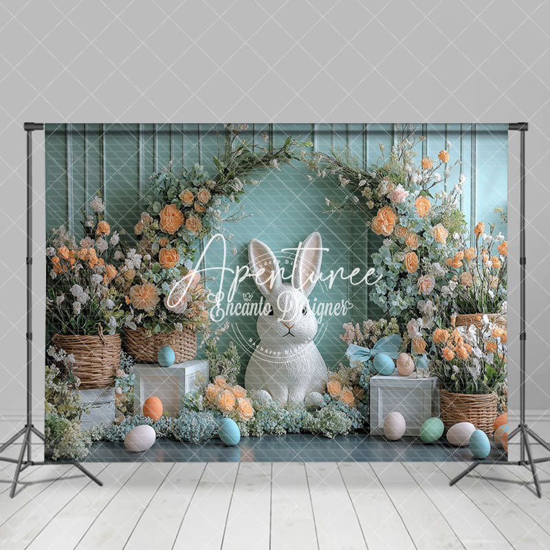 Aperturee - Aperturee Green Wall Bloom Floral Bunny Eggs Easter Backdrop