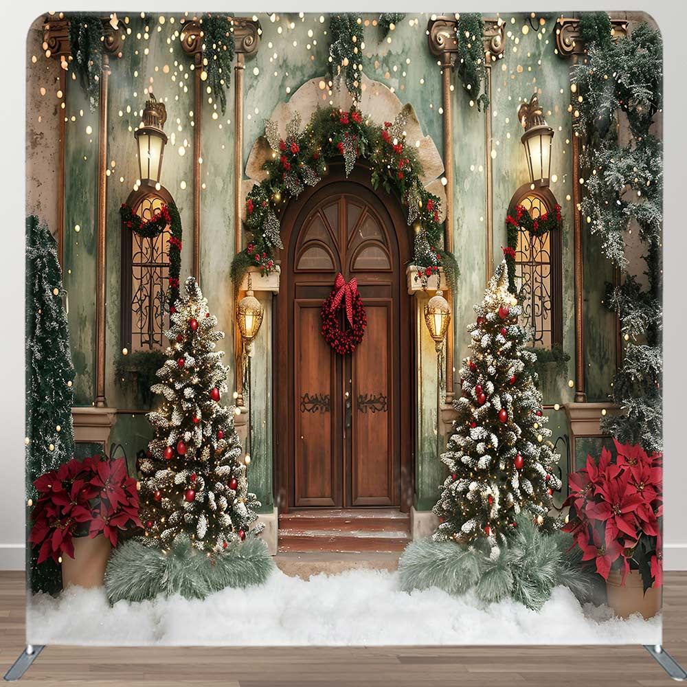 Aperturee - Aperturee Green Wall Brown Door Villa Xmas Pillow Case Backdrop