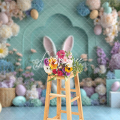 Aperturee - Aperturee Green Wall Bunny Colorful Floral Easter Backdrop