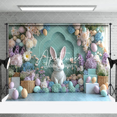 Aperturee - Aperturee Green Wall Bunny Colorful Floral Easter Backdrop