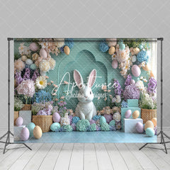 Aperturee - Aperturee Green Wall Bunny Colorful Floral Easter Backdrop