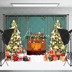 Aperturee - Aperturee Green Wall Cozy Fireplace Christams Tree Backdrop