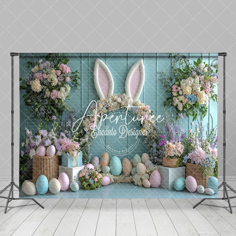 Aperturee - Aperturee Green Wall Floral Bunny Ear Eggs Easter Backdrop