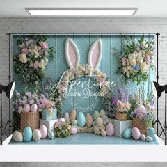 Aperturee - Aperturee Green Wall Floral Bunny Ear Eggs Easter Backdrop