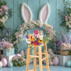 Aperturee - Aperturee Green Wall Floral Bunny Ear Eggs Easter Backdrop