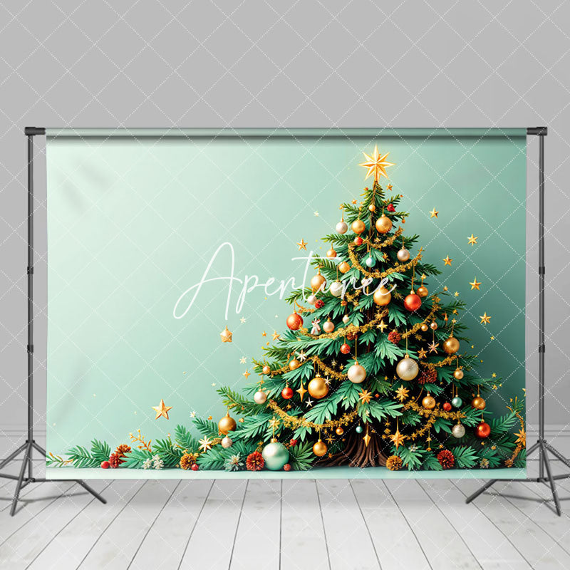 Aperturee - Aperturee Green Wall Gold Starry Xmas Tree Christmas Backdrop