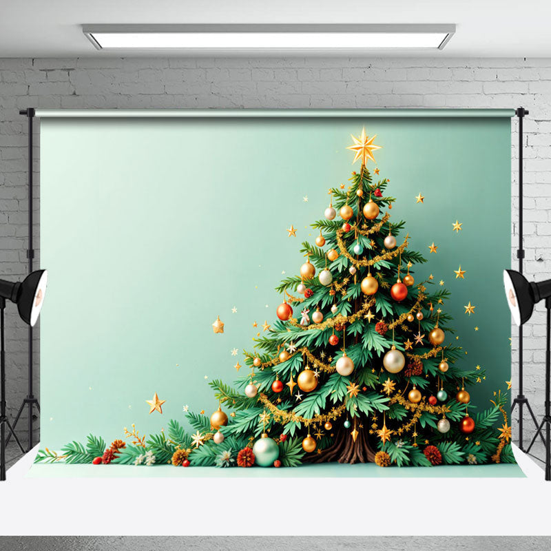 Aperturee - Aperturee Green Wall Gold Starry Xmas Tree Christmas Backdrop