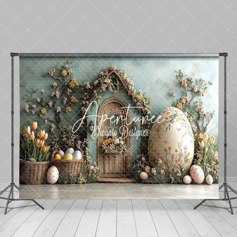 Aperturee - Aperturee Green Wall Hutch Basket Floral Eggs Easter Backdrop