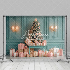 Aperturee - Aperturee Green Wall Pink Gift Box Christmas Photo Backdrop