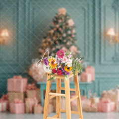 Aperturee - Aperturee Green Wall Pink Gift Box Christmas Photo Backdrop