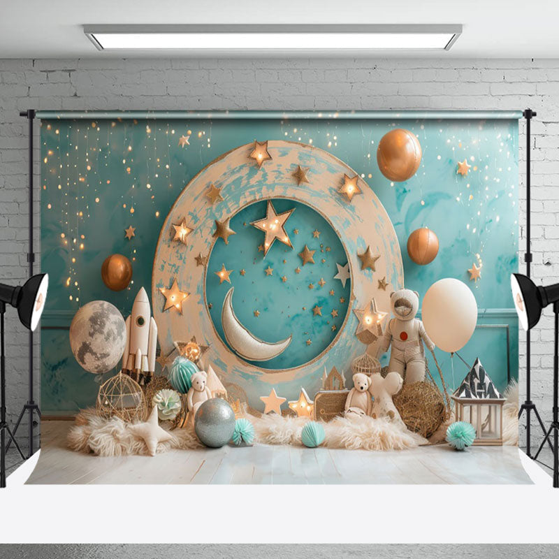 Aperturee - Aperturee Green Wall Starry Moon Galaxy Cake Smash Backdrop