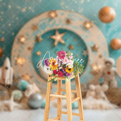 Aperturee - Aperturee Green Wall Starry Moon Galaxy Cake Smash Backdrop