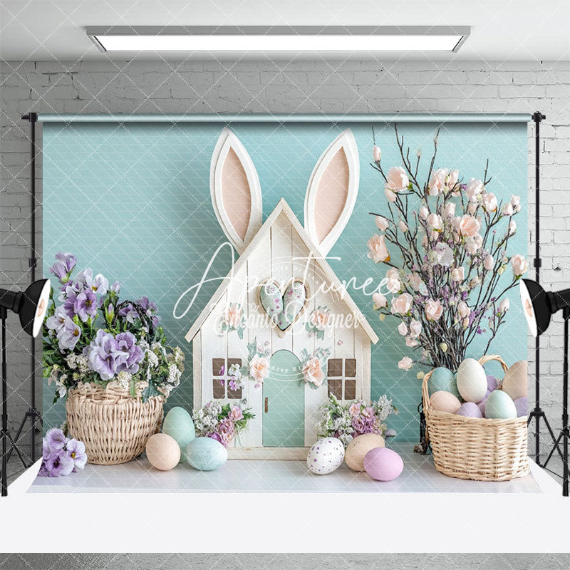 Aperturee - Aperturee Green Wall Wood Bunny Hutch Floral Egg Easter Backdrop