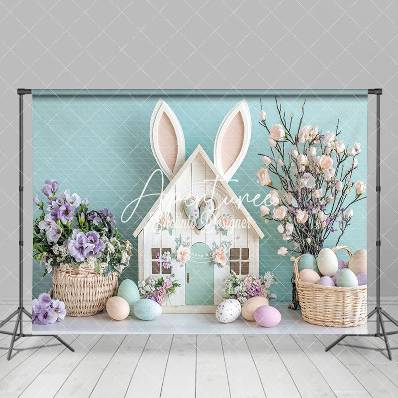 Aperturee - Aperturee Green Wall Wood Bunny Hutch Floral Egg Easter Backdrop