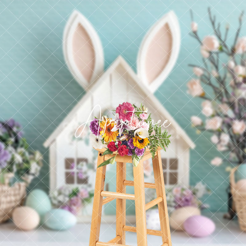 Aperturee - Aperturee Green Wall Wood Bunny Hutch Floral Egg Easter Backdrop