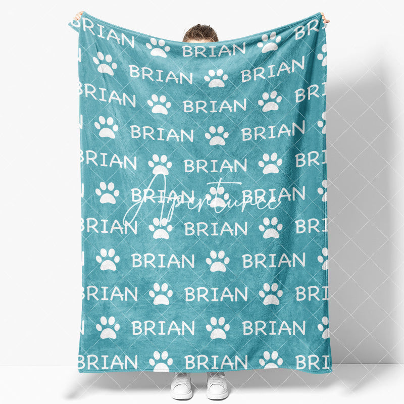 Aperturee - Aperturee Green White Cute Paw Print Custom Name Pet Blanket