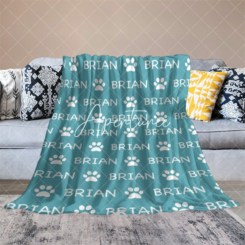 Aperturee - Aperturee Green White Cute Paw Print Custom Name Pet Blanket