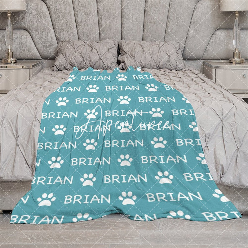 Aperturee - Aperturee Green White Cute Paw Print Custom Name Pet Blanket