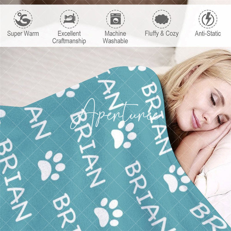 Aperturee - Aperturee Green White Cute Paw Print Custom Name Pet Blanket