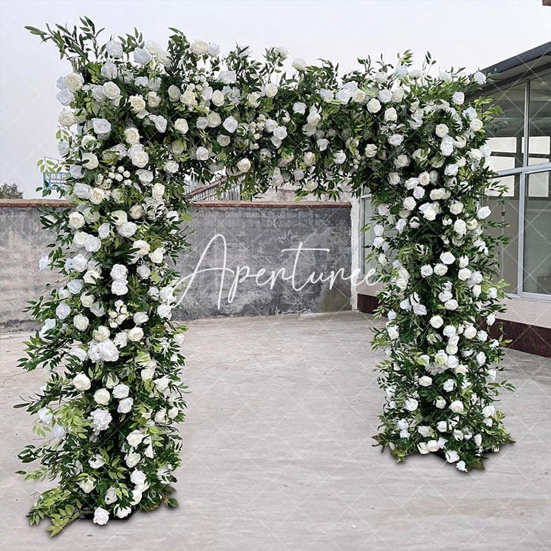 Aperturee - Aperturee Green White Fabric Rose Artificial Arch Flower Wall