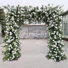 Aperturee - Aperturee Green White Fabric Rose Artificial Arch Flower Wall