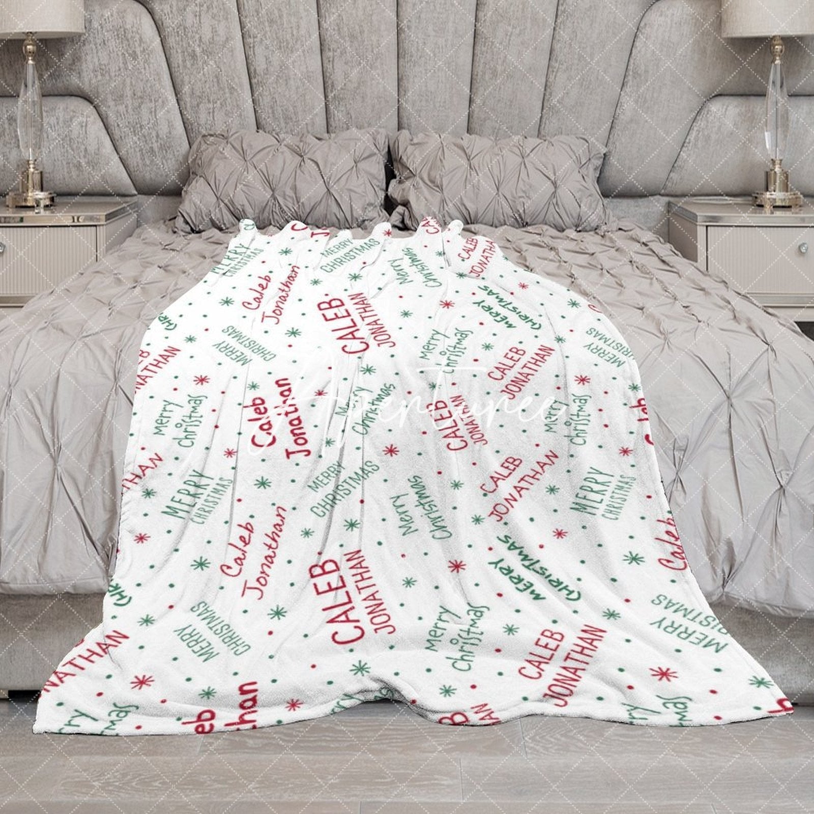 Aperturee - Aperturee Green White Fonts Christmas Custom Name Blanket