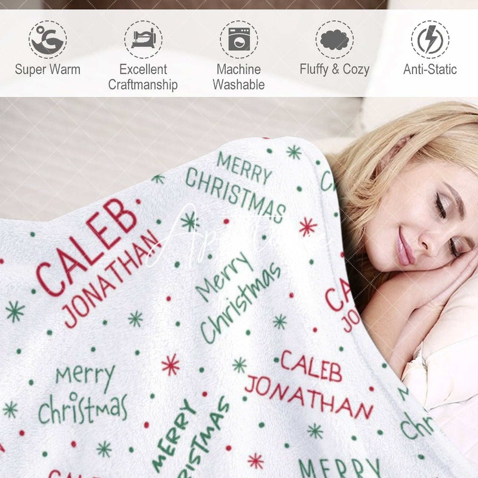 Aperturee - Aperturee Green White Fonts Christmas Custom Name Blanket