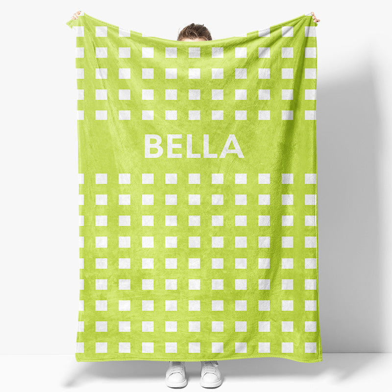 Aperturee - Aperturee Green White Regular Grid Personalized Name Blanket