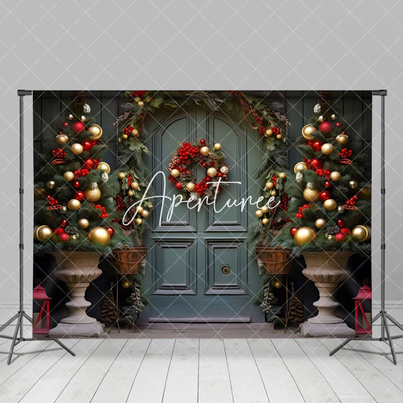 Aperturee - Aperturee Green Wood Door Wreath Parterre Christmas Backdrop