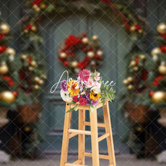 Aperturee - Aperturee Green Wood Door Wreath Parterre Christmas Backdrop