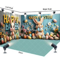 Aperturee - Aperturee Green Wood Wall Bunny Eggs Easter Room Set Backdrop