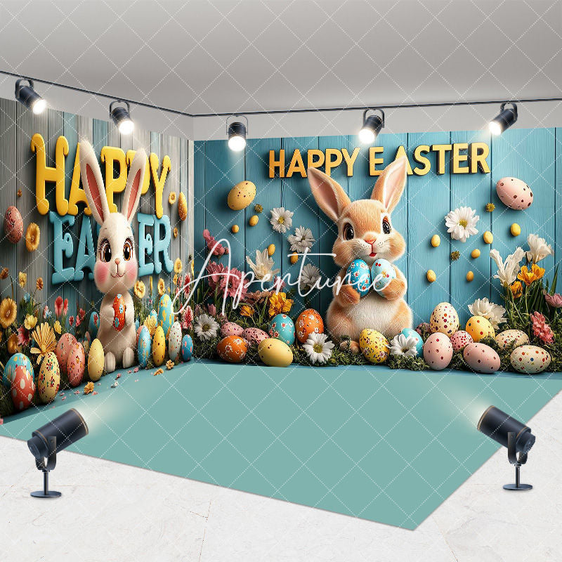 Aperturee - Aperturee Green Wood Wall Bunny Eggs Easter Room Set Backdrop