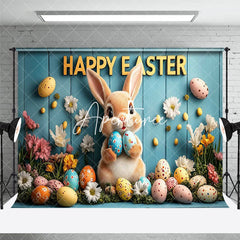 Aperturee - Aperturee Green Wood Wall Bunny Eggs Easter Room Set Backdrop