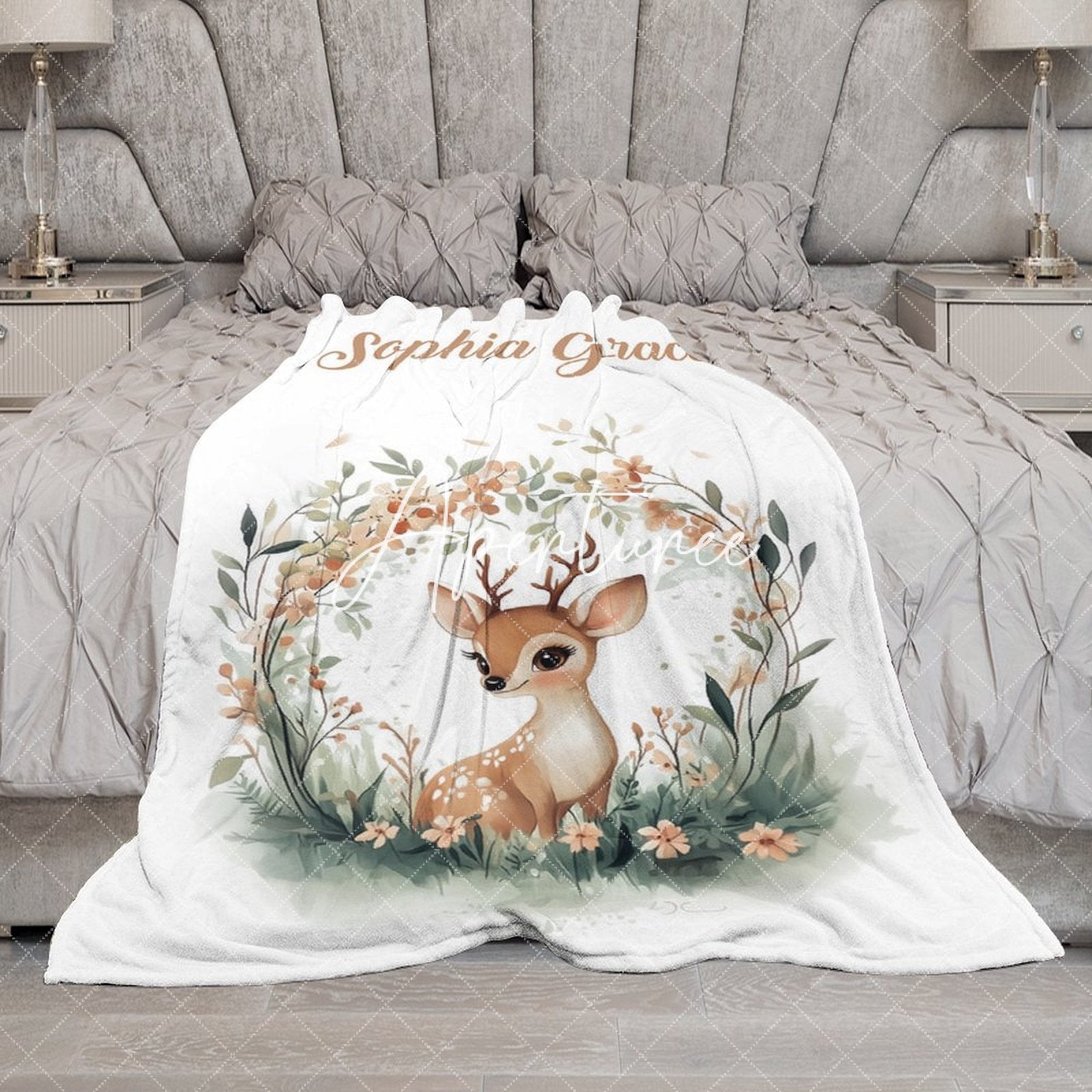 Aperturee - Aperturee Green Wreath Wild Baby Deer Custom Name Blanket