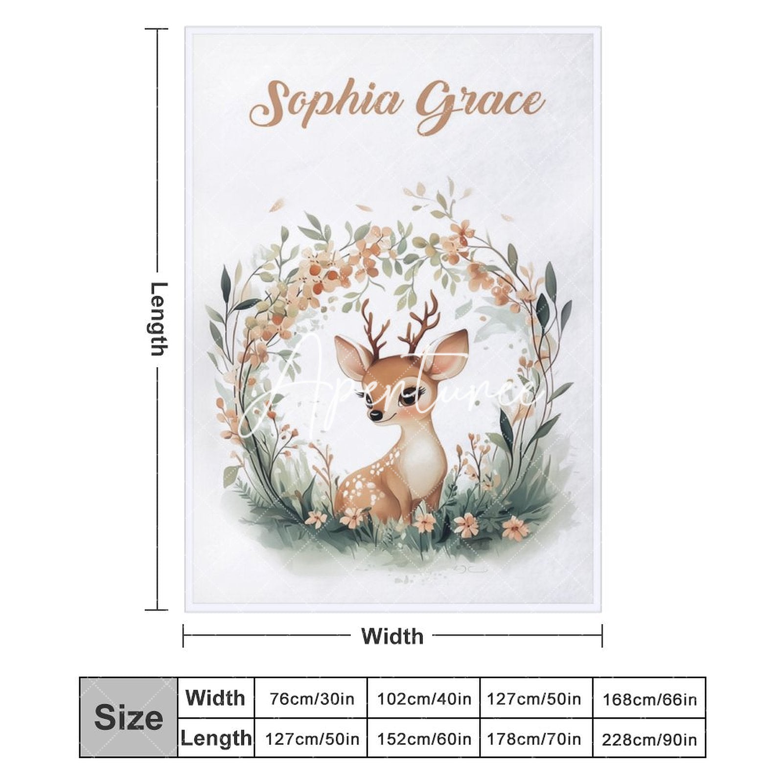 Aperturee - Aperturee Green Wreath Wild Baby Deer Custom Name Blanket