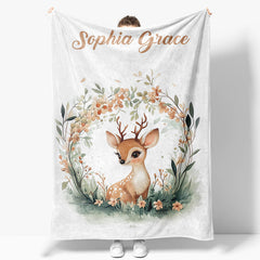 Aperturee - Aperturee Green Wreath Wild Baby Deer Custom Name Blanket