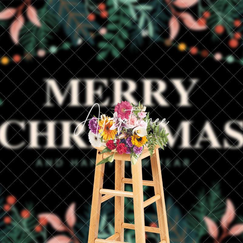 Aperturee - Aperturee Greenery Black Merry Christmas Happy New Year Backdrop