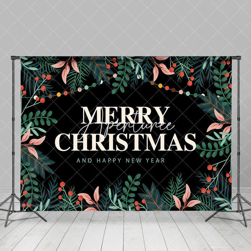 Aperturee - Aperturee Greenery Black Merry Christmas Happy New Year Backdrop