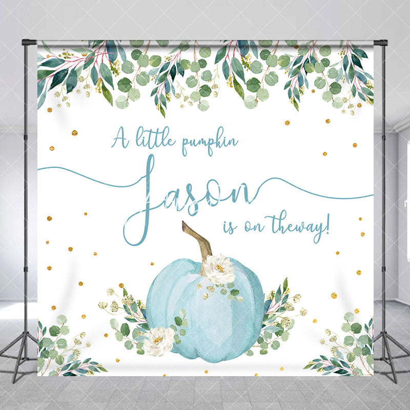 Aperturee - Aperturee Greenery Blue Pumpkin Custom Baby Shower Backdrop