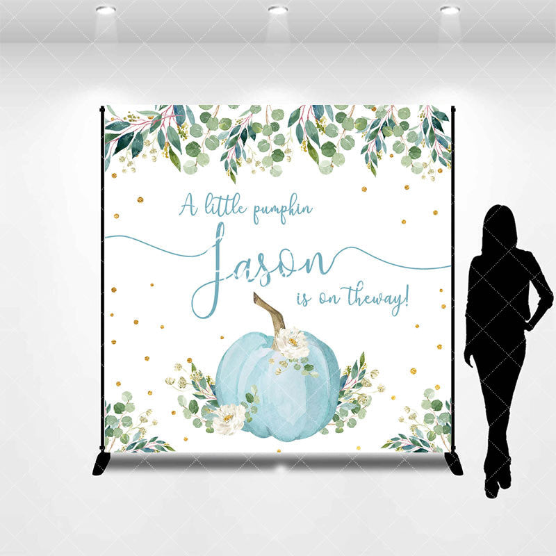 Aperturee - Aperturee Greenery Blue Pumpkin Custom Baby Shower Backdrop