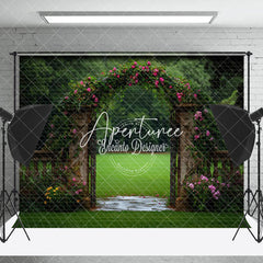 Aperturee - Aperturee Greenery Field Arch Floral Wedding Photo Backdrop