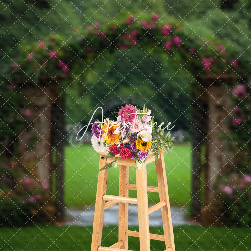 Aperturee - Aperturee Greenery Field Arch Floral Wedding Photo Backdrop