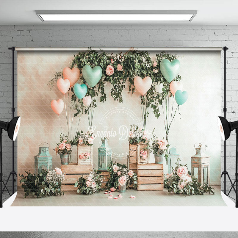 Aperturee - Aperturee Greenery Floral Balloons Valentines Day Backdrop