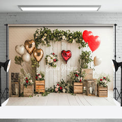 Aperturee - Aperturee Greenery Floral Balloons Wood Valentines Day Backdrop